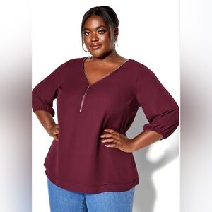 City Chic Deep Burgundy/Ruby V-Neck Zipper Blouse
